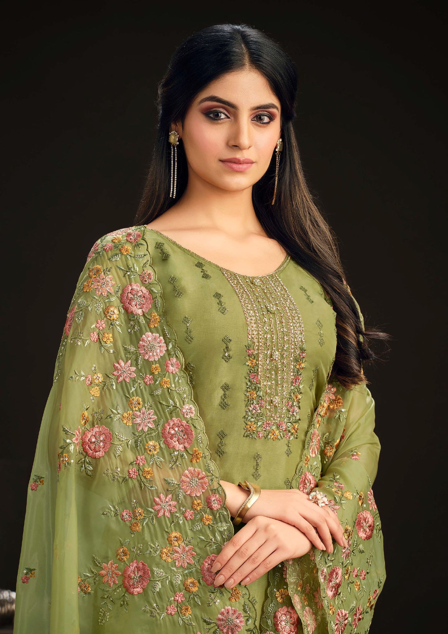 Mehndi Color Embroidered Organza Straight Suit