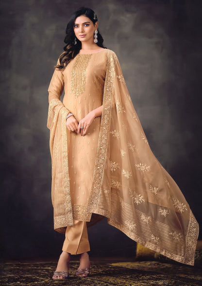 Beige Color Embroidered Organza Salwar Kameez For Traditional Occasions