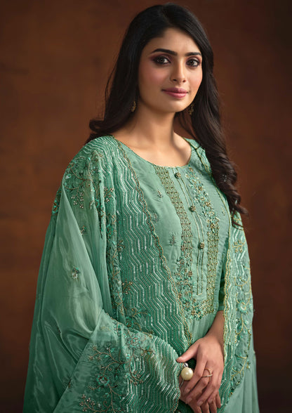 Sea Green Color Embroidered Organza Suit