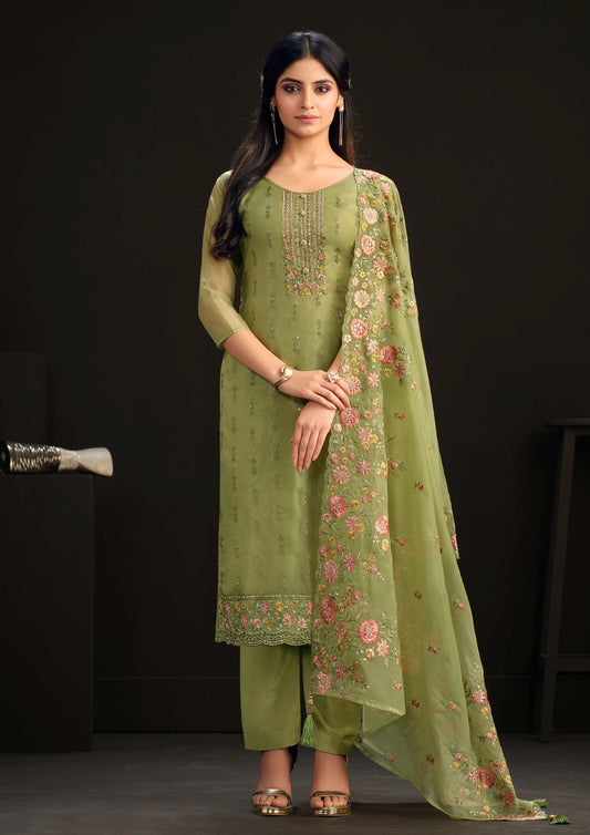 Mehndi Color Embroidered Organza Straight Suit