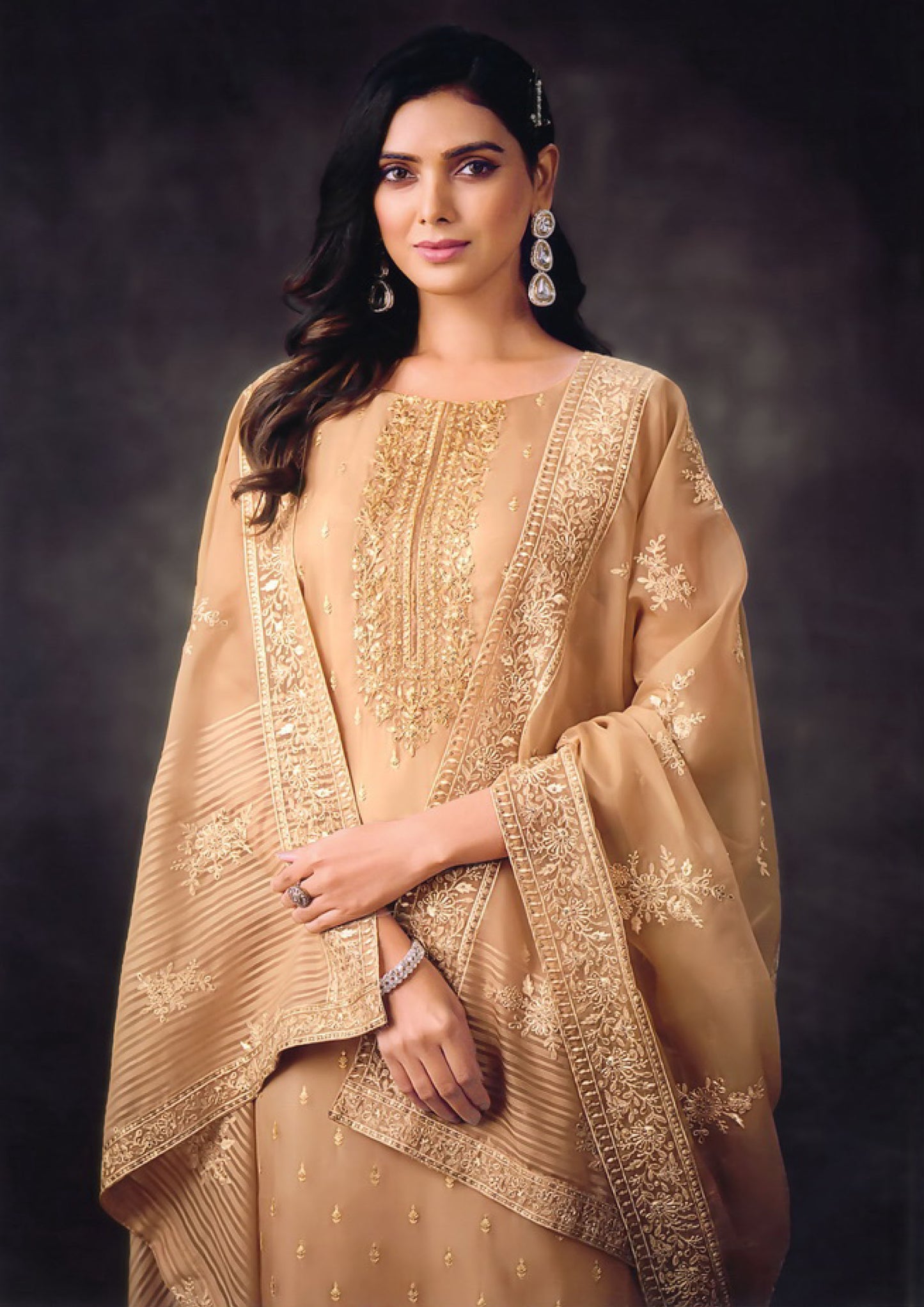 Beige Color Embroidered Organza Salwar Kameez For Traditional Occasions