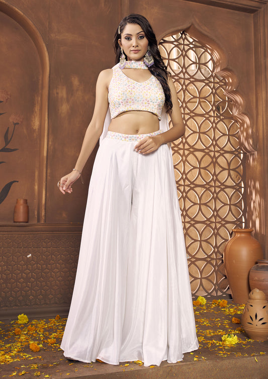 White Color Chinnon Embroidered Palazzo Suit With Choli