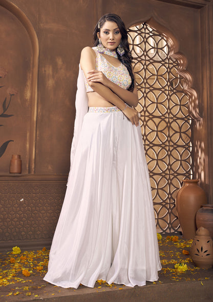 White Color Chinnon Embroidered Palazzo Suit With Choli