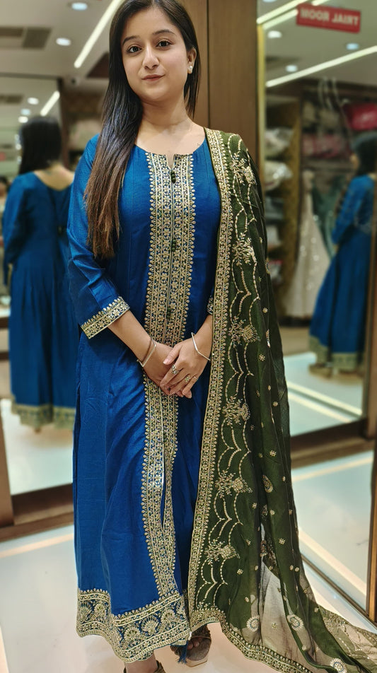 Royal Blue Embroidered Silk Straight Cut Readymade Suit