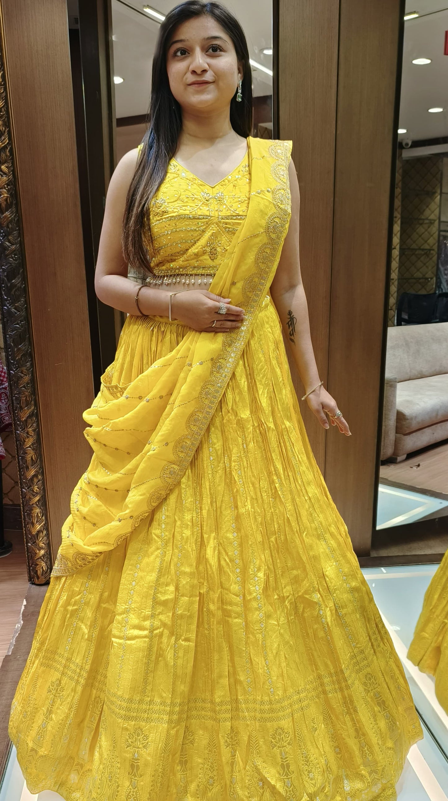 Yellow Color Dola Silk Hand Work Haldi Wear Lehenga