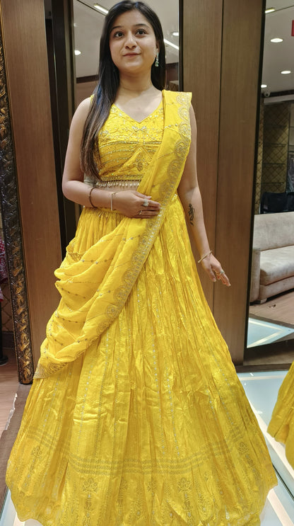 Yellow Color Dola Silk Hand Work Haldi Wear Lehenga