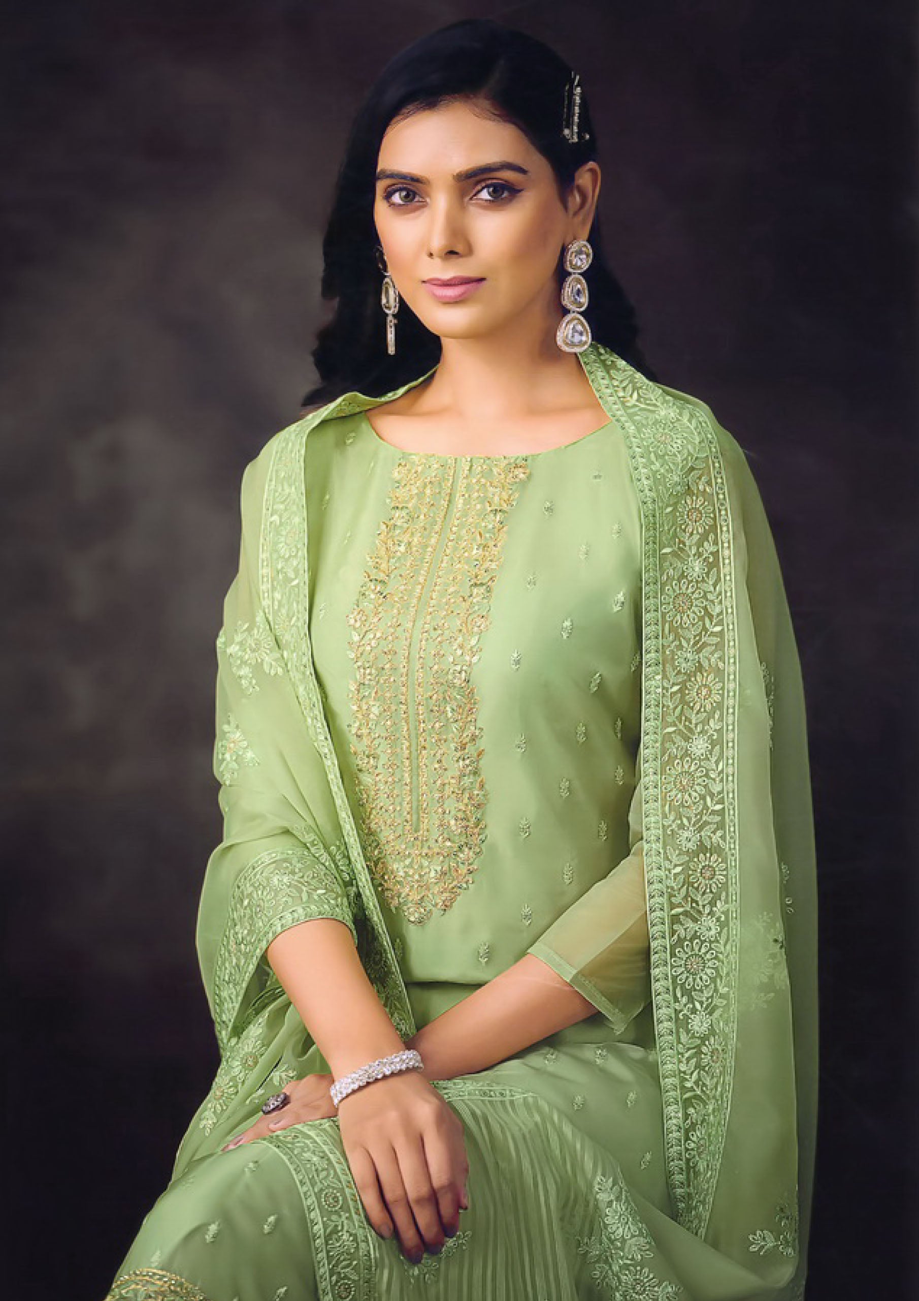 Pista Green Color Embroidered Organza Salwar Kameez For Traditional Occasions