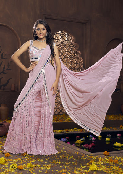 Onion Pink Color Lycra Hand Work Readymade Sharara Saree