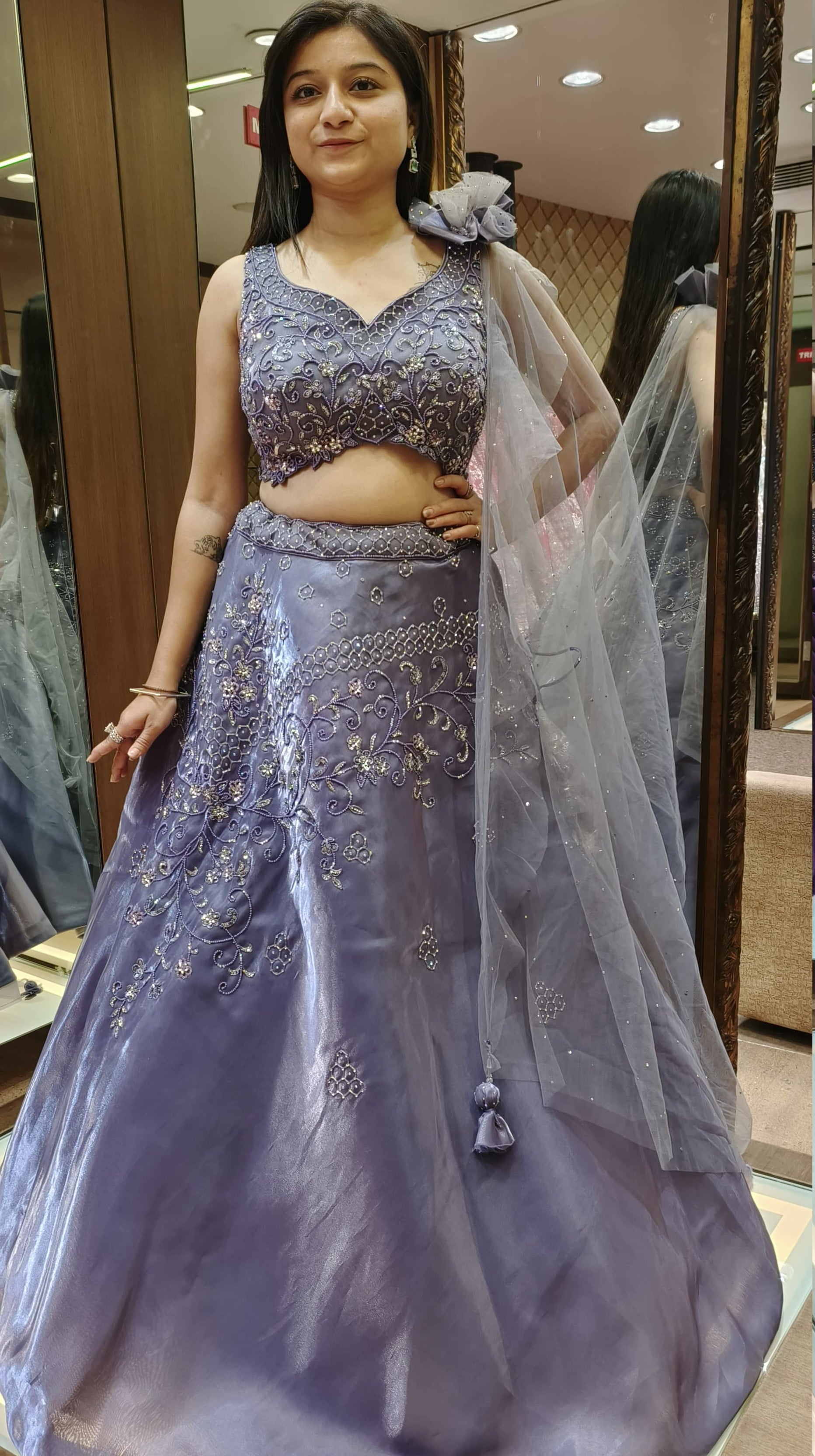 Designer Grey Color Organza Hand Work Lehenga Choli