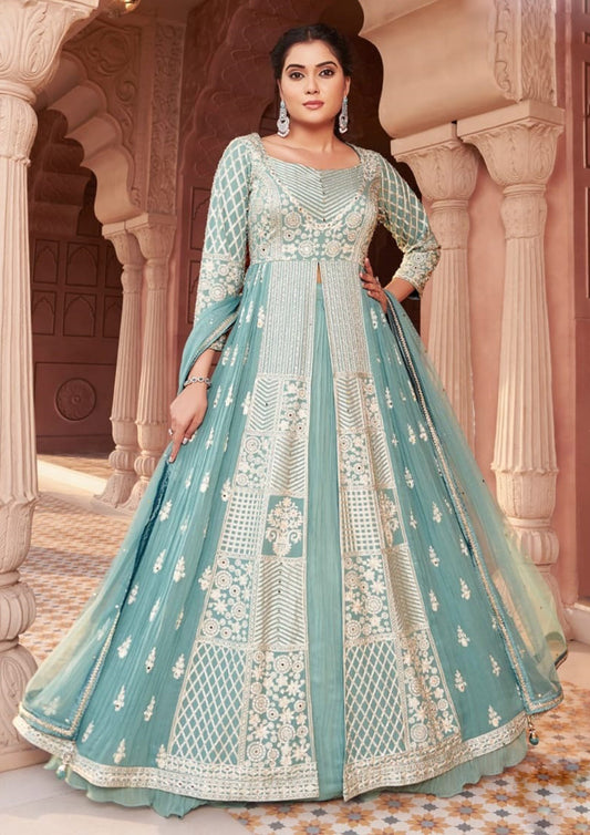 Turquoise Color Crush Georgette Thread Work Indo Western For Women