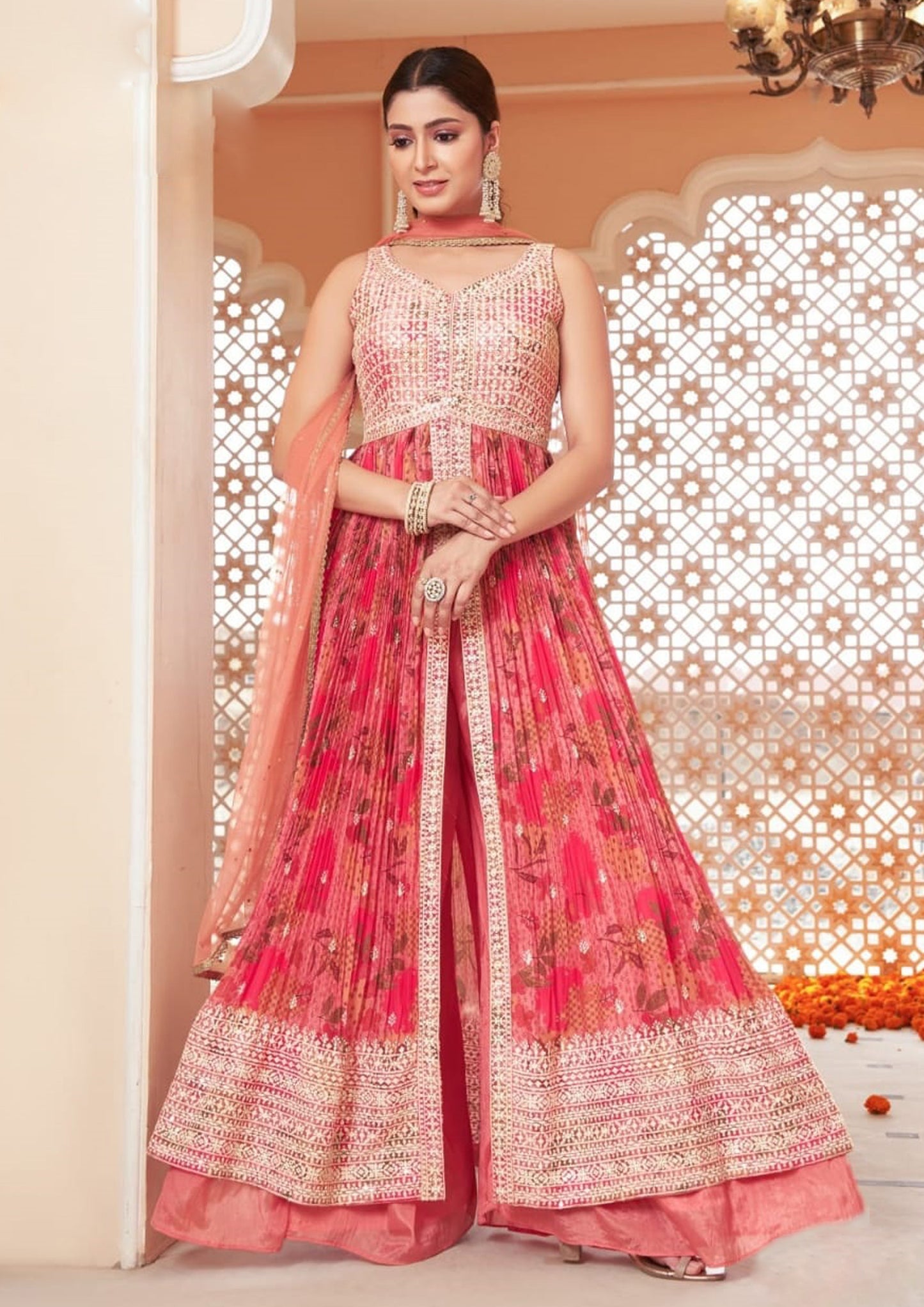 Peach Color Chinnon Embroidered Palazzo Suit