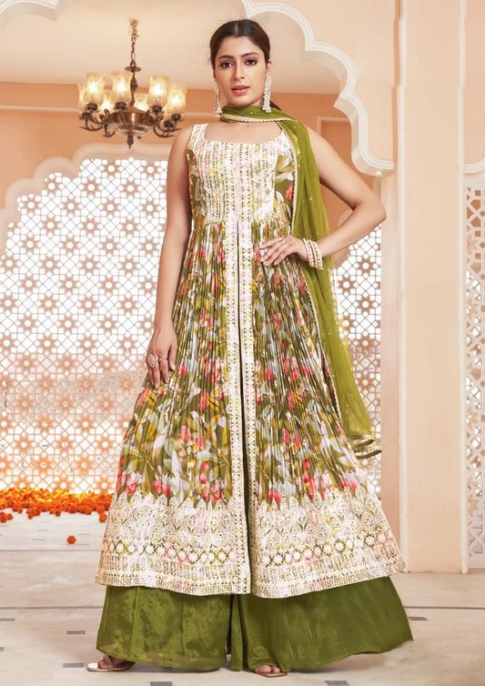 Mehndi Green Color Chinnon Embroidered Palazzo Suit