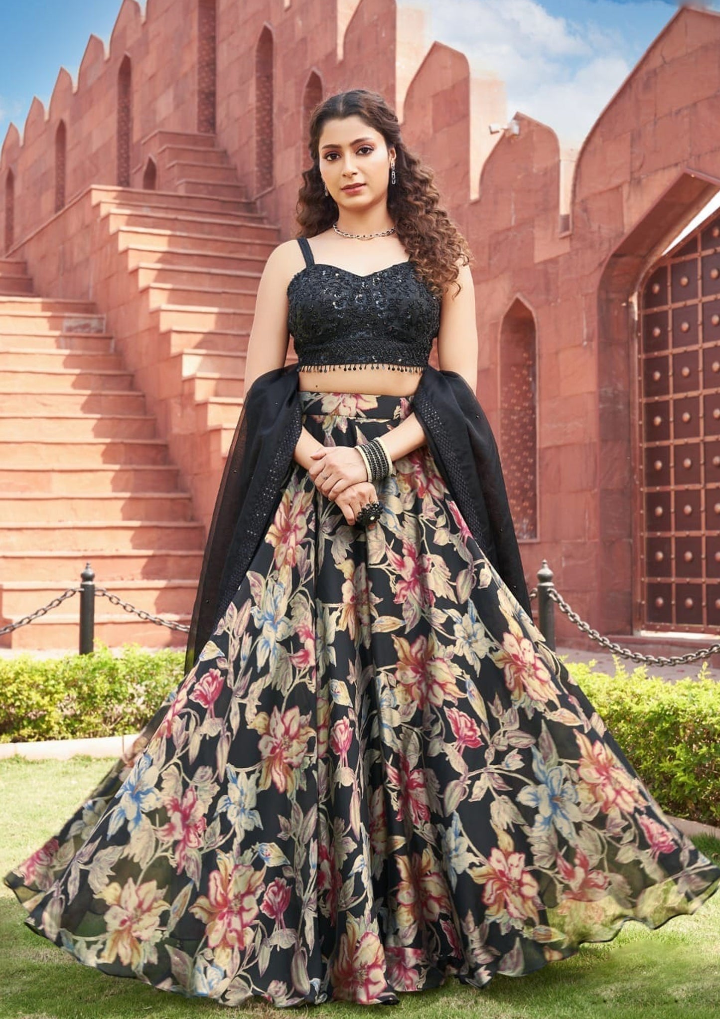 Black Color Organza Floral Print Lehenga Choli