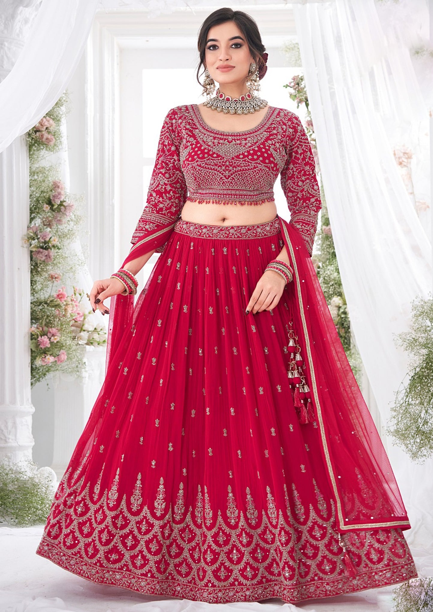 Red Color Georgette Embroidered Wedding Wear Lehenga