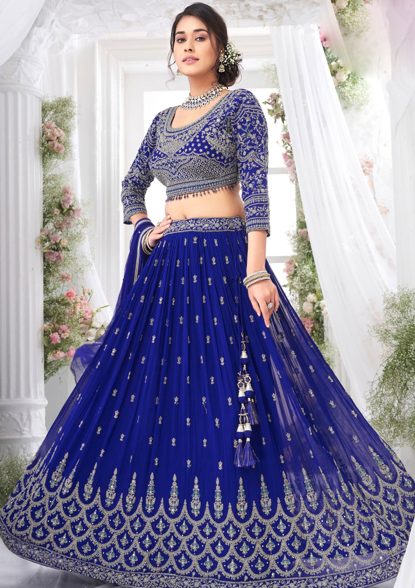 Blue Color Georgette Embroidered Wedding Wear Lehenga