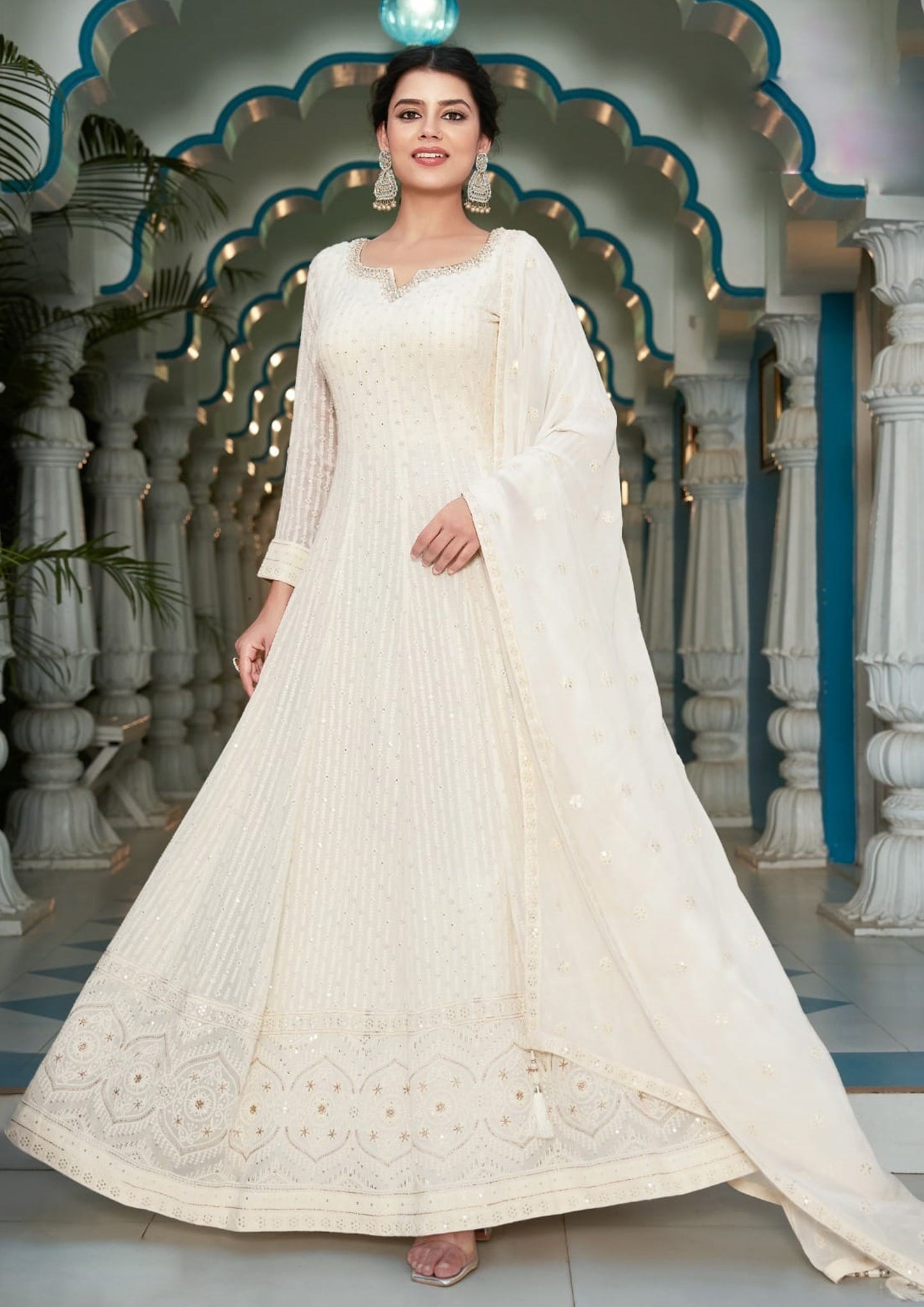 Off White Color Georgette Lucknowi Work Anarkali Gown