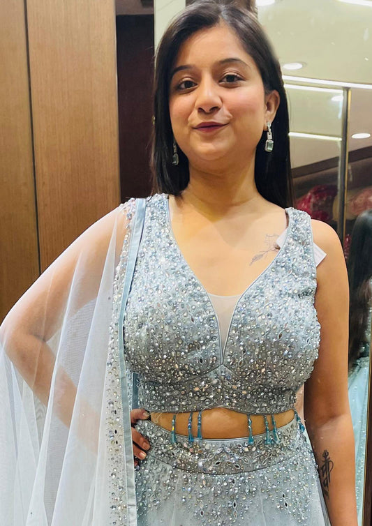 Sky Blue Color Net Swarkosi Work Party Wear Lehenga