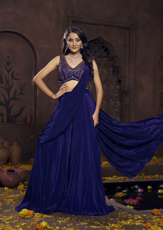Navy Blue Color Georgette Hand Work Readymade Palazzo Saree