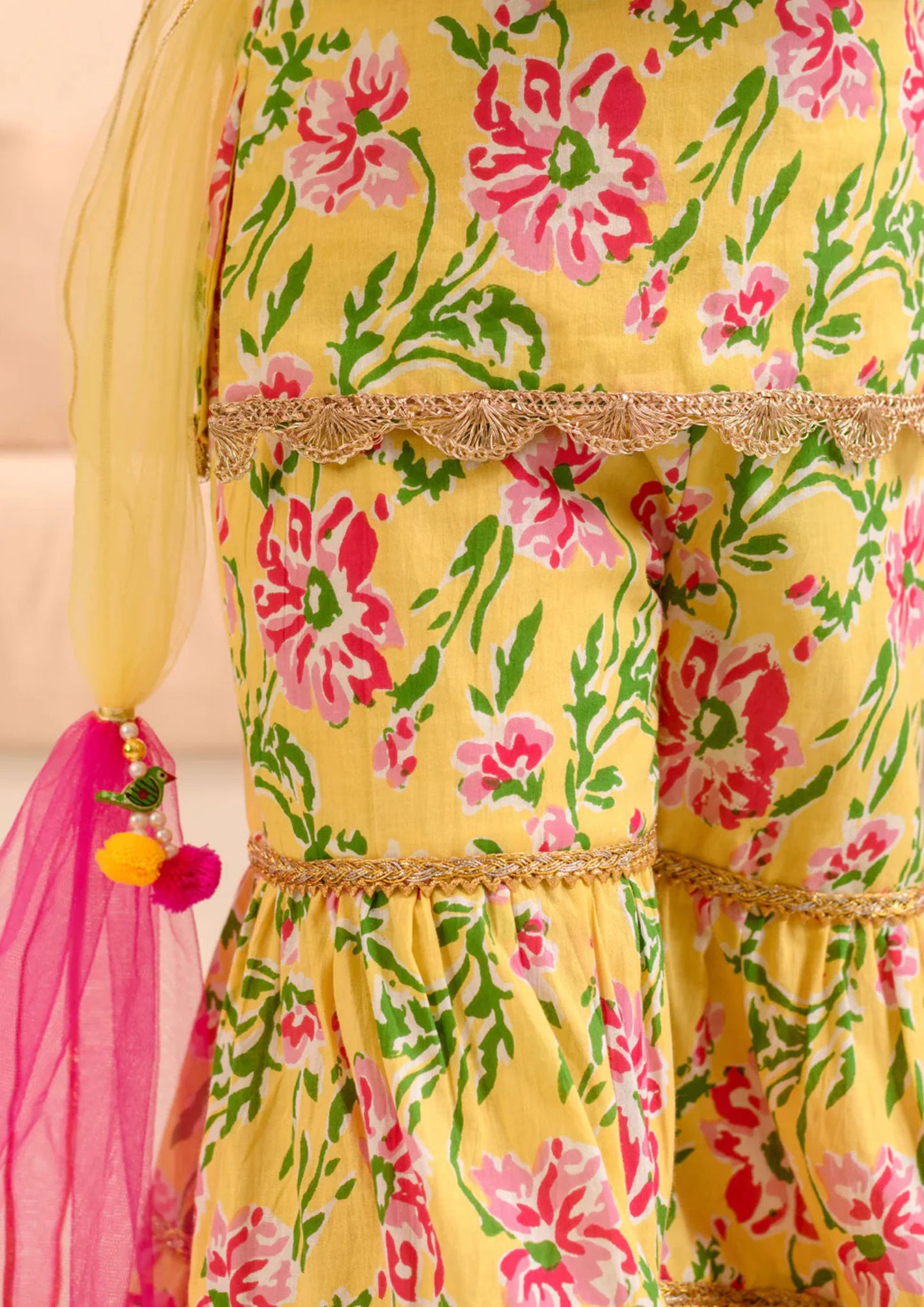 Yellow Color Cotton Floral Printed Sharara Suit