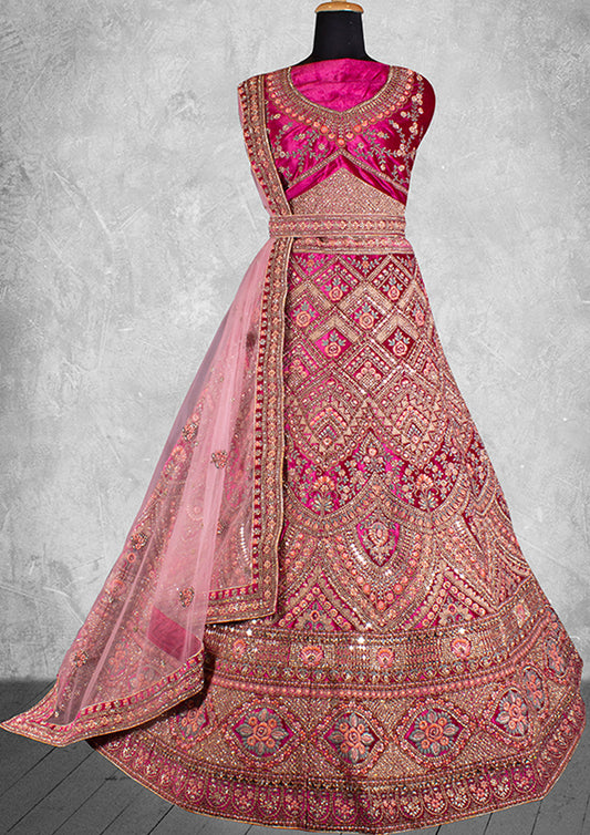 Shimmering Hot Pink Zardosi Work Velvet Lehenga Choli