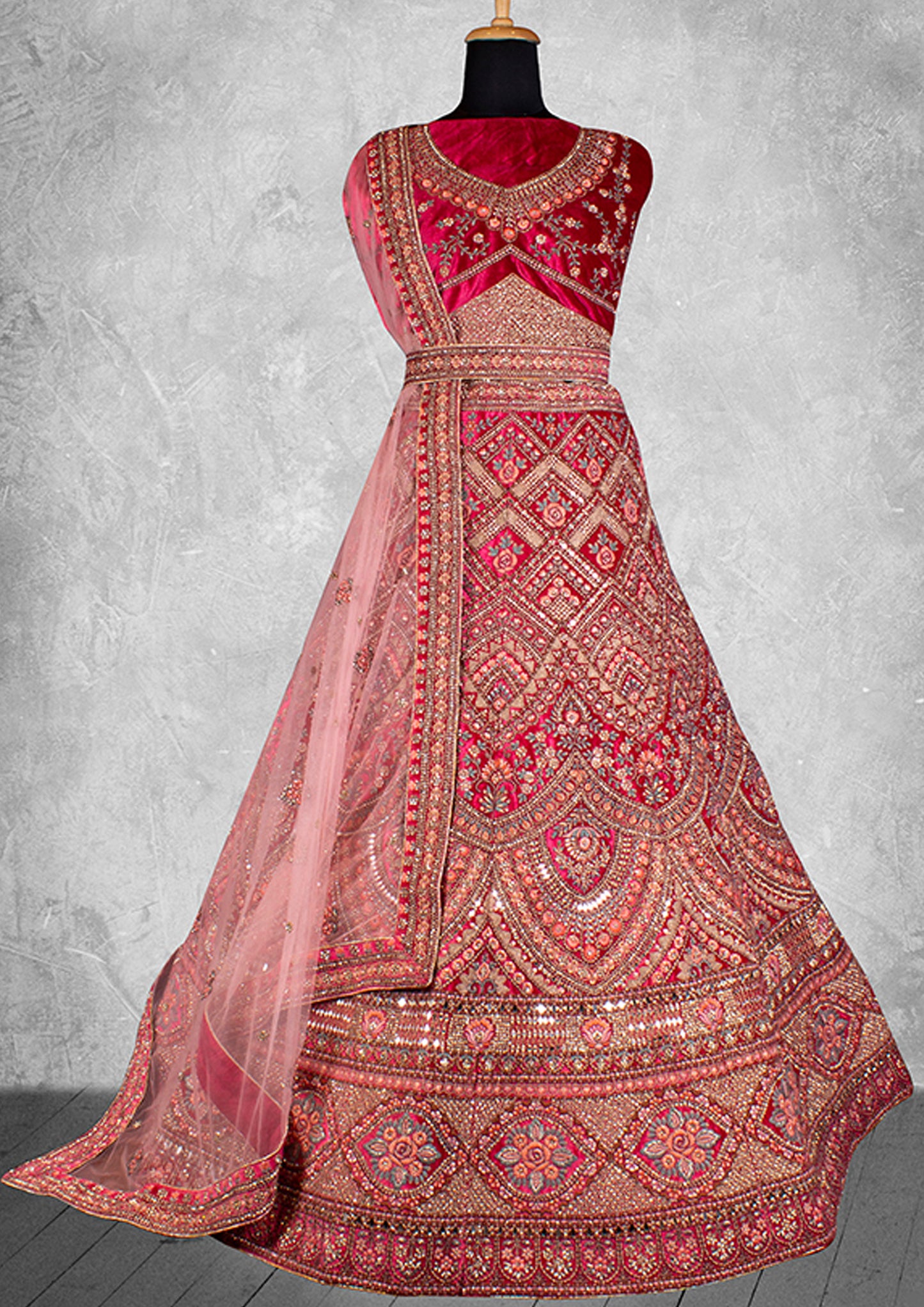 Red Color Velvet Zardosi Work Wedding Wear Lehenga