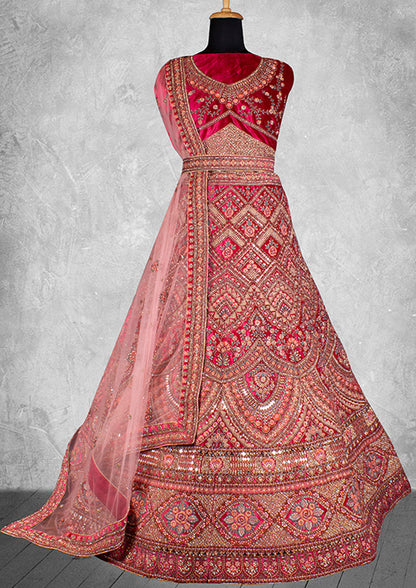 Red Color Velvet Zardosi Work Wedding Wear Lehenga