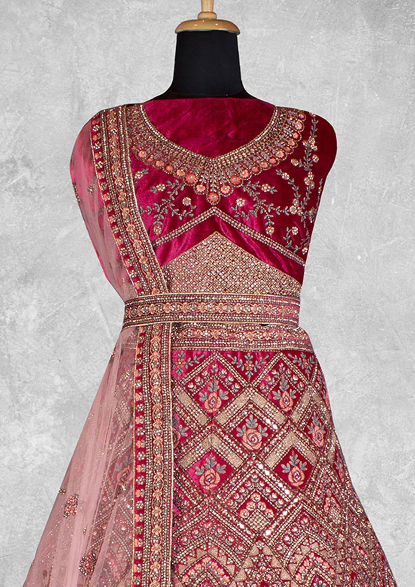 Red Color Velvet Zardosi Work Wedding Wear Lehenga