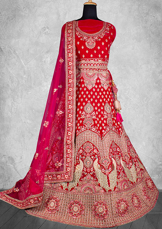 Red Color Velvet Zardosi Work Bridal Lehenga Choli