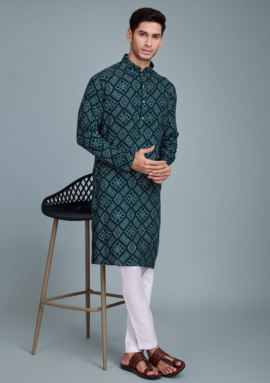 Green Color Rayon Foil Print Men's Kurta For Navratri