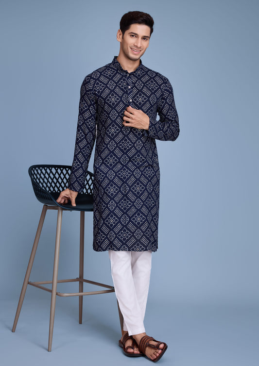 Navy Blue Color Rayon Foil Print Men's Kurta For Navratri