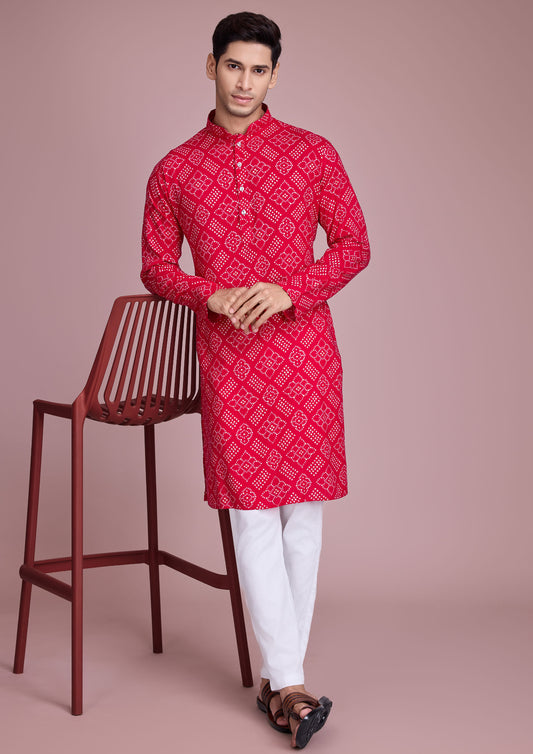 Rani Color Rayon Foil Print Men's Kurta For Navratri