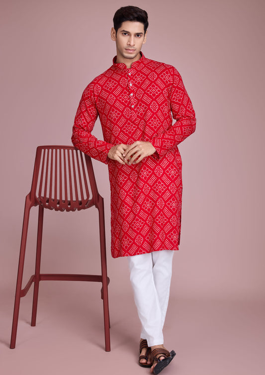 Red Color Rayon Foil Print Men's Kurta For Navratri