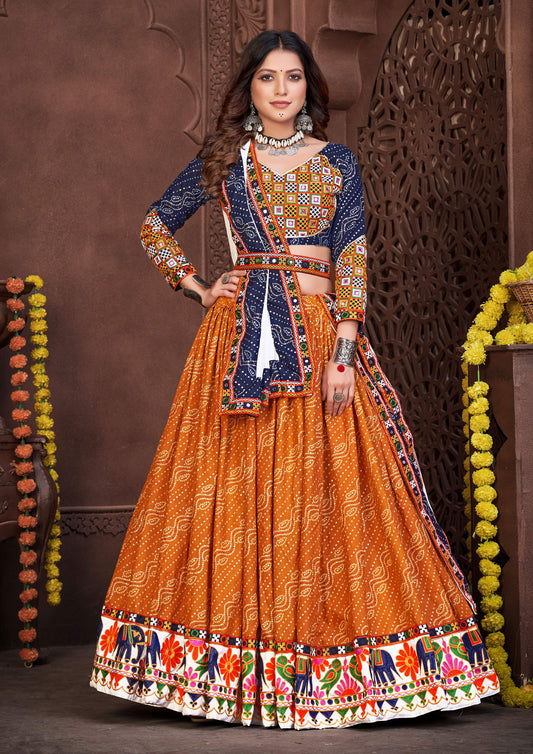 Blue And Mustard Color Cotton Silk Embroidered Navratri Lehenga