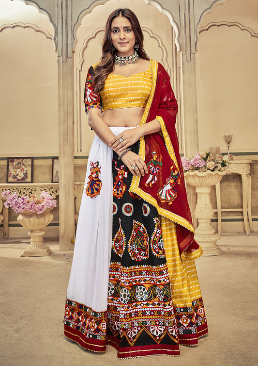 White And Yellow Color Cotton Silk Embroidered Lehenga For Garba