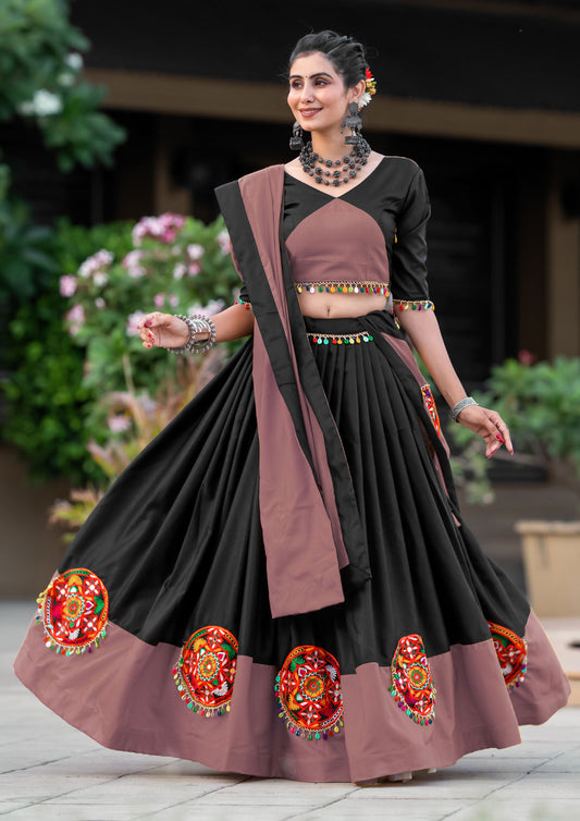 Black Color Pure Cotton Gamthi Work Lehenga For Navratri