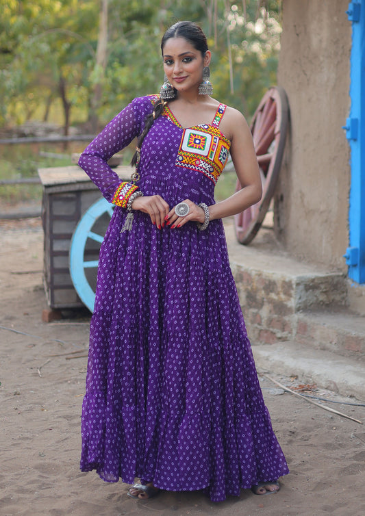 Violet Color Faux Georgette Bandhani Print Work Gown For Navratri