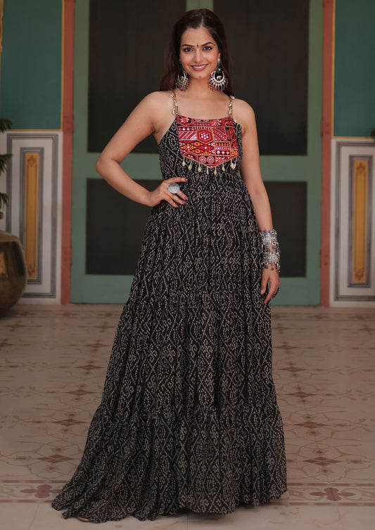 Black Color Faux Georgette Bandhani Print Work Gown For Navratri