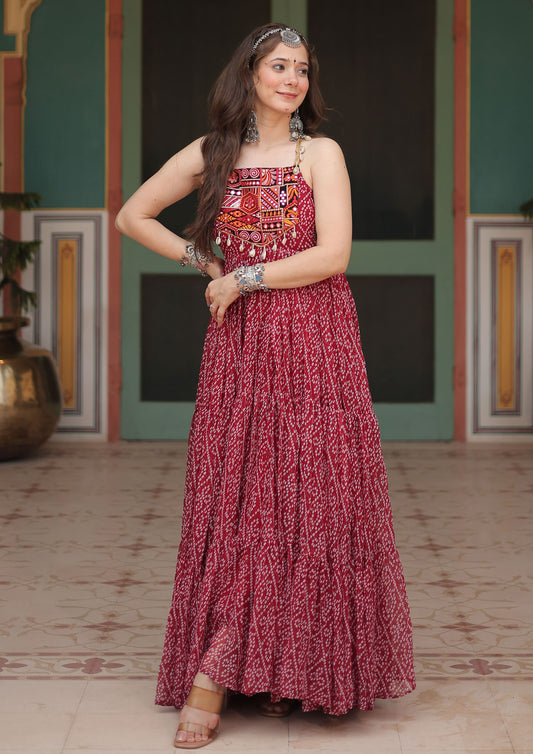 Maroon Color Faux Georgette Bandhani Print Work Gown For Navratri