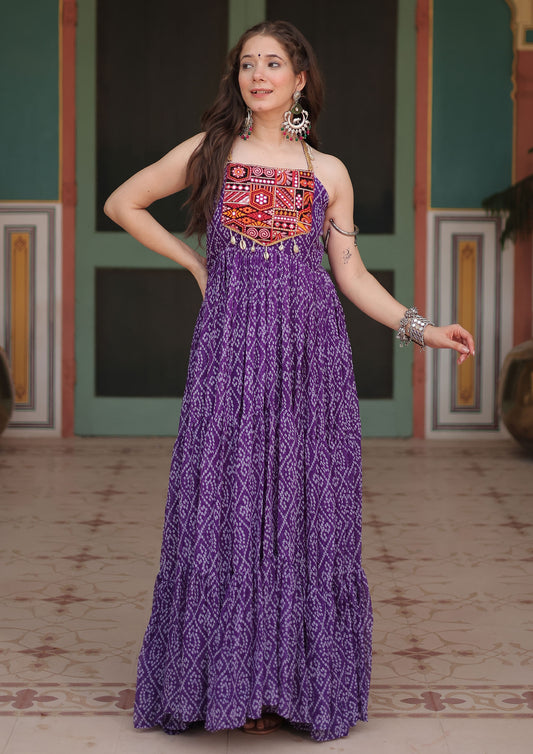 Purple Color Faux Georgette Bandhani Print Work Gown For Navratri