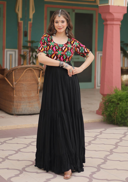 Black Color Rayon Gamthi Work Navratri Wear Gown