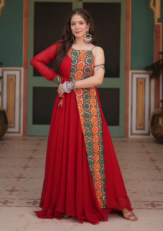 Maroon Color Faux Blooming Gamthi Work Gown For Navratri