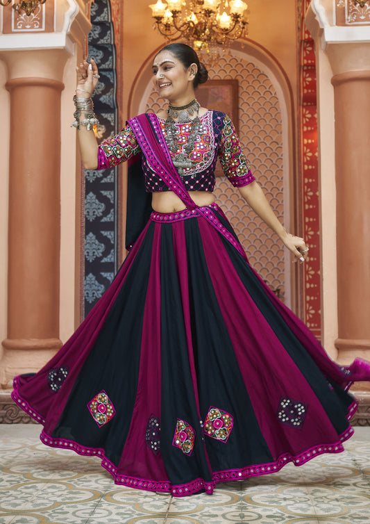 Black And Purple Color Rayon Mirror Work Garba Wear Lehenga Choli