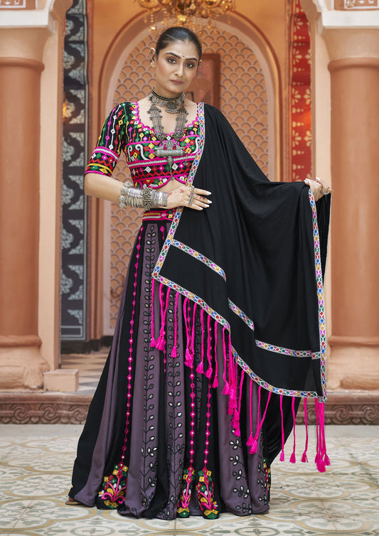 Multi Color Viscose Rayon Mirror Work Lehenga For Navratri