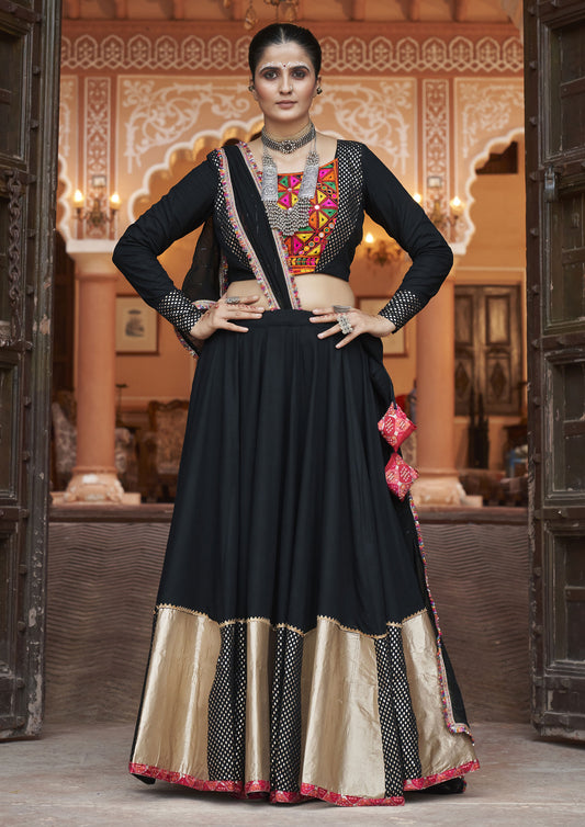 Black Color Viscose Rayon Foil Work Lehenga For Garba