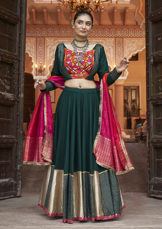 Green Color Viscose Rayon Foil Work Lehenga For Garba