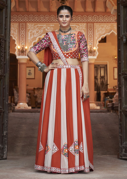 Multi Color Viscose Rayon Embroidered Work Lehenga For Garba