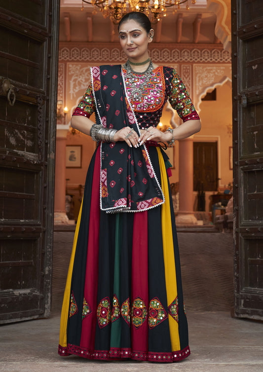 Multi Color Viscose Rayon Embroidered Work Lehenga For Garba