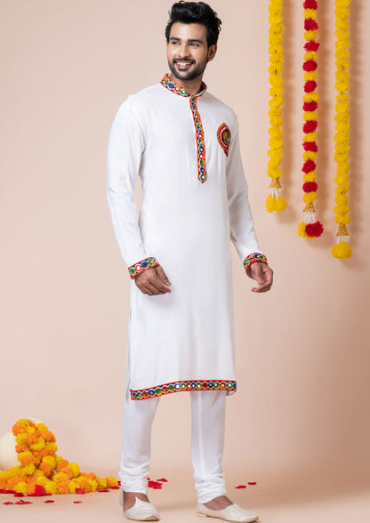 White Color Heavy Rayon Embroidered Navratri Kurta Pajama