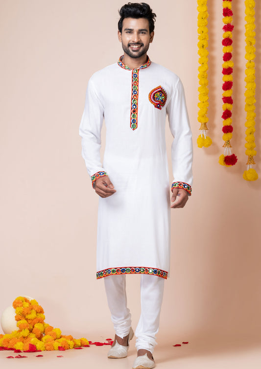 White Color Heavy Rayon Embroidered Navratri Kurta Pajama