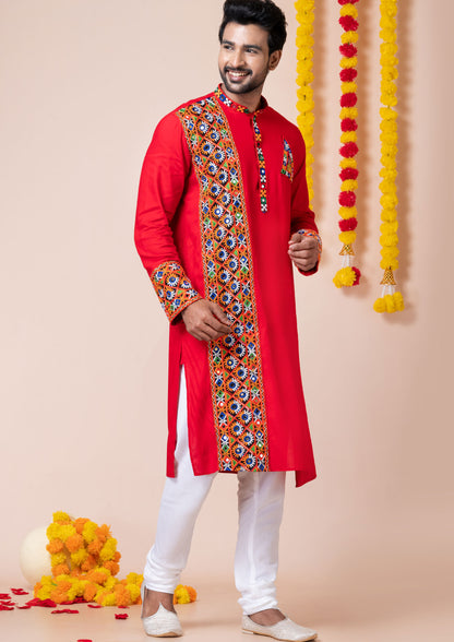 Red Color Heavy Rayon Embroidered Navratri Kurta Pajama